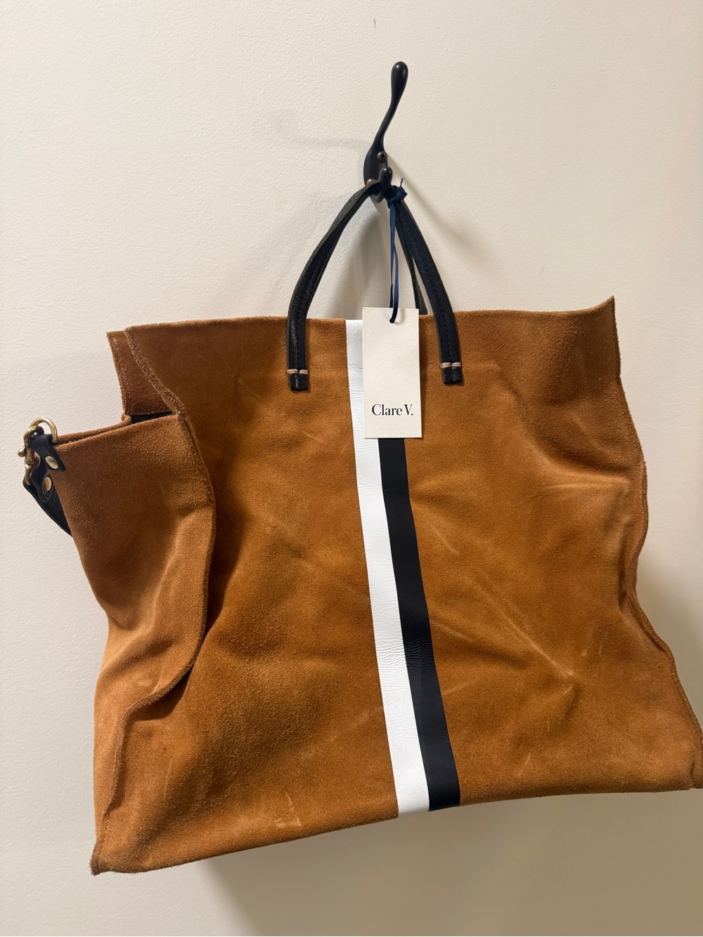 Clare V Suede Tote in Cognac with Black & White Stripe